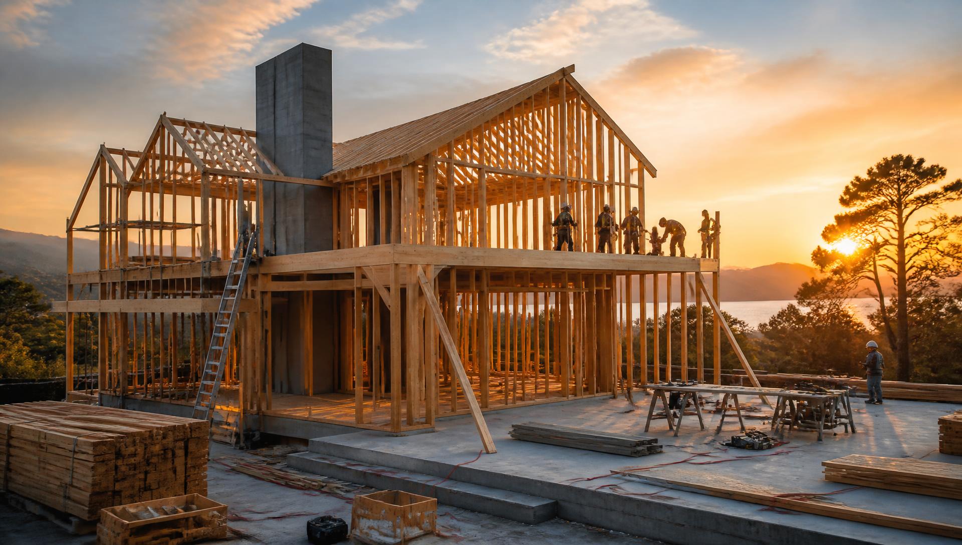 Framing crew building a custom home at sunset in Northern California